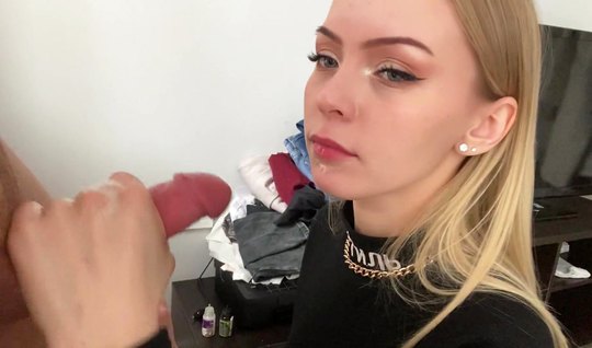 Russian girl on her knees opened her mouth for a blowjob and...